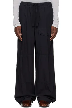 DRIES VAN NOTEN Pantalon cargo bleu marine en coton à cordon coulissant