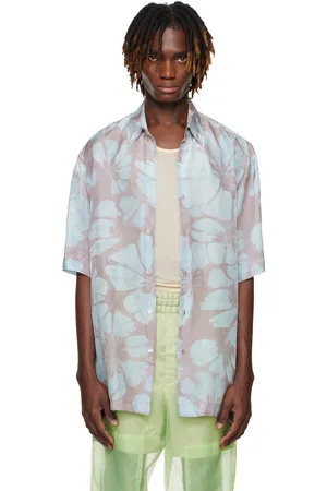 DRIES VAN NOTEN Chemise à manches courtes bleu et rose en soie
