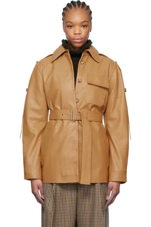 Victoria Beckham Blouson droit brun clair en cuir à ceinture