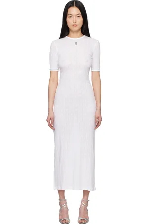 Paco rabanne Robe longue à manches courtes blanche en pointelle