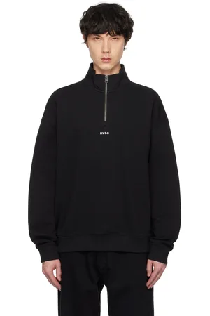 HUGO BOSS Pull molletonné noir en jersey bouclette de coton à logo et à demi-glissière