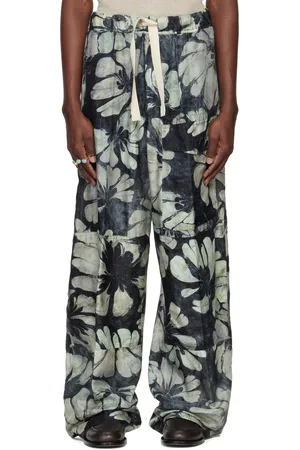 DRIES VAN NOTEN Pantalon cargo bleu marine et vert en soie à cordon coulissant