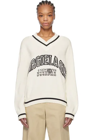 Maison Margiela Pull blanc cassé et noir à logo de style collégial