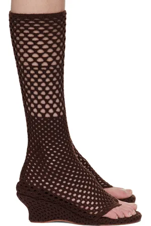 Isa Boulder Sandales à talon compensé brunes en tricot à mailles ouvertes
