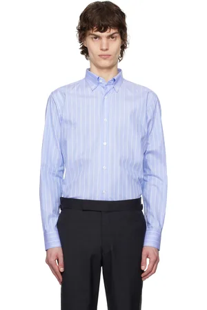 BRIONI Chemise bleu et blanc en coton texturé à rayures
