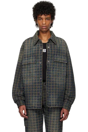 AMIRI Surchemise bleu marine et brun clair en denim à quadrigrammes en jacquard