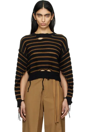 Maison Margiela Pull noir et brun à rayures marinières et à col ras du cou