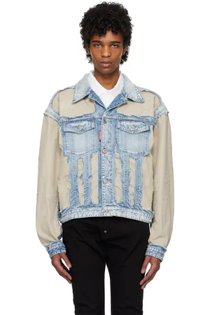 Dsquared2 Blouson bleu et beige en denim à bords effilochés