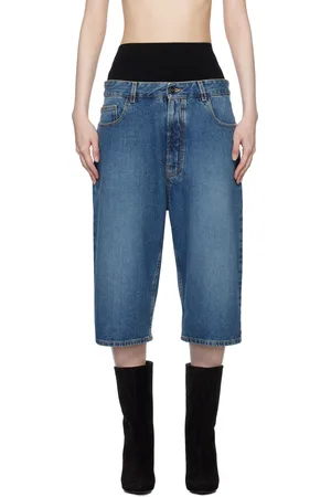 Alaïa Bermuda bleu en denim à panneau en tricot côtelé