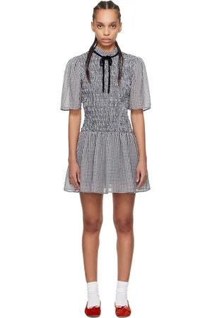 Ganni Robe courte noir et blanc à carreaux et à smocks