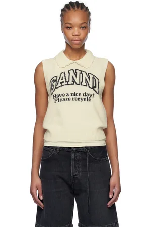Ganni Gilet graphique blanc cassé en laine à col festonné