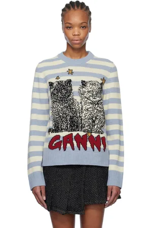 Ganni Pull bleu et blanc à rayures et à image de chats