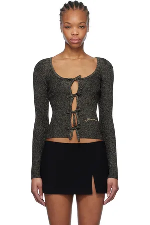 Ganni Cardigan noir et doré à fils métalliques et à attaches à nouer