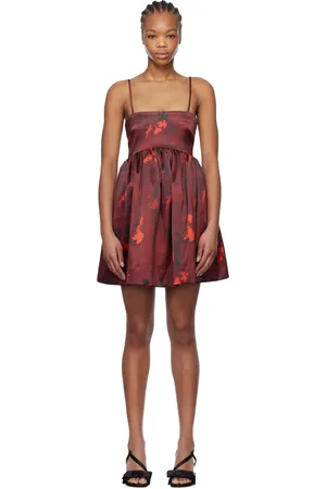 Ganni Robe courte bourgogne en satin à motif fleuri et à bretelles fines