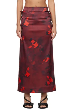 Ganni Jupe longue rouge en satin à motif fleuri imprimé