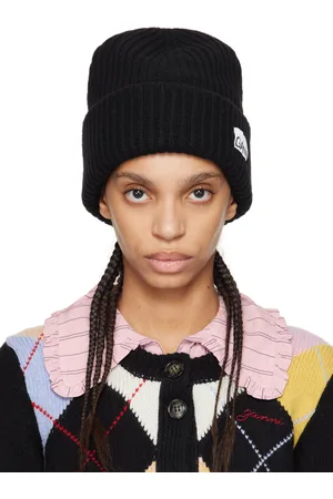 Ganni Bonnet surdimensionné noir en tricot côtelé de laine