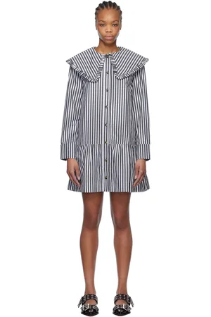 Ganni Robe chemise courte noir et blanc à rayures