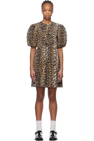 Ganni Robe courte brune en coton à motif léopard imprimé et à attaches