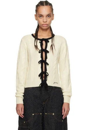 Ganni Cardigan blanc cassé et noir en cachemire à attaches à nouer