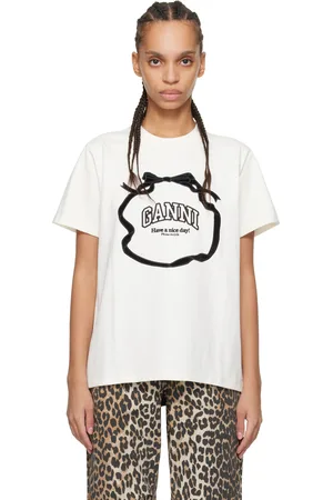 Ganni T-shirt décontracté blanc cassé en jersey épais de coton à appliqué de boucle