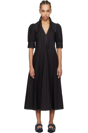 Ganni Robe midi noire en popeline de coton à col en V