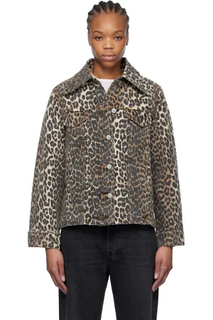 Ganni Blouson brun en denim à motif léopard imprimé