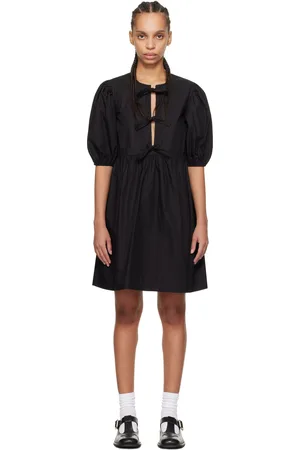 Ganni Robe courte noire en popeline de coton à attaches à nouer