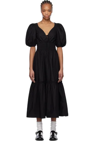 Ganni Robe longue noire en popeline de coton à smocks