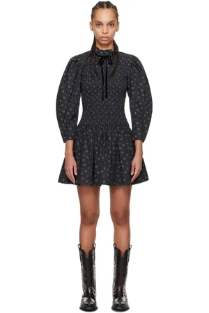 Ganni Robe courte noire à motif imprimé et à smocks