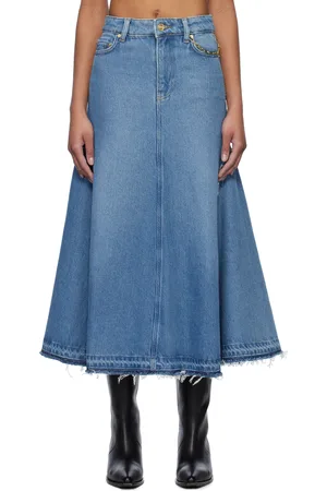 Ganni Jupe midi bleue en denim épais