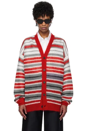 Marni Cardigan rouge et gris en tricot brossé