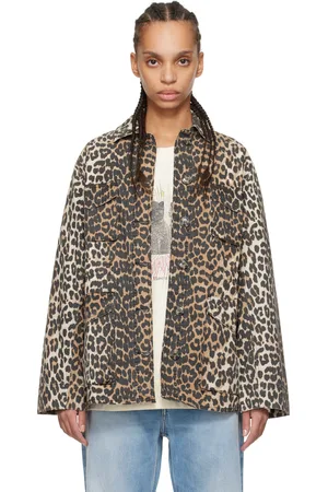 Ganni Blouson brun en canevas de coton à motif léopard