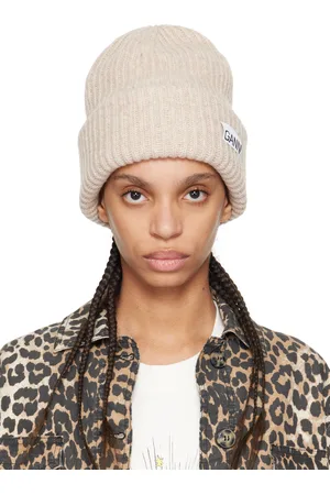 Ganni Bonnet surdimensionné beige en tricot côtelé de laine