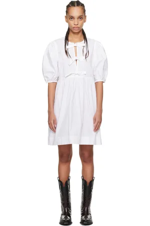Ganni Robe courte blanche en popeline de coton à attaches à nouer