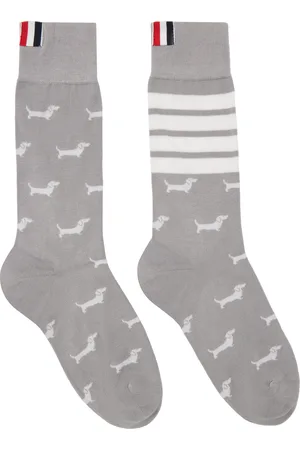 Thom Browne Chaussettes hauteur mi-mollet gris et blanc à logo Hector et à quatre rayures