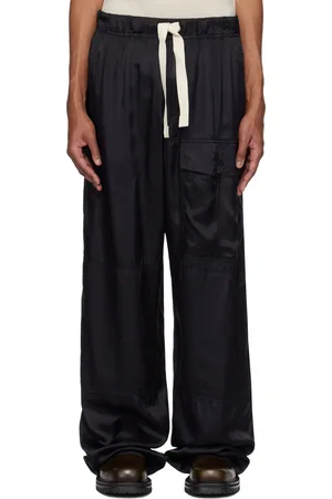 DRIES VAN NOTEN Pantalon cargo bleu marine en viscose à cordon coulissant
