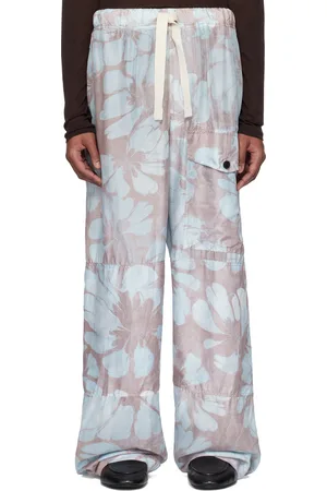 DRIES VAN NOTEN Pantalon cargo rose et bleu en soie à cordon coulissant
