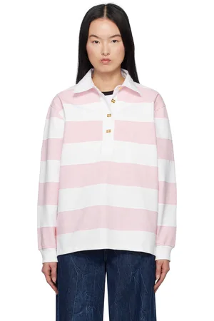 Ganni Polo blanc et rose en jersey de coton à rayures