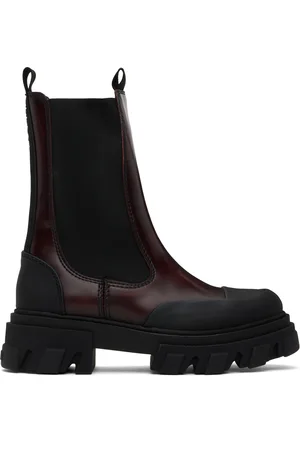 Ganni Bottes chelsea hauteur mi-mollet bourgogne et noir à crampons