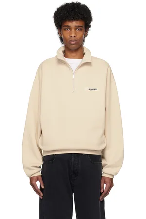 Jacquemus Pull molletonné beige à demi-glissière et à écusson en gros-grain