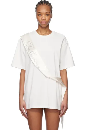 BLUMARINE T-shirt blanc à bande en satin à pierres du Rhin brodées