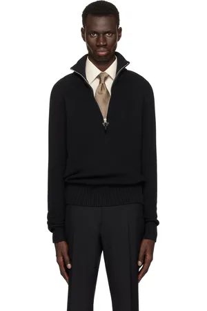 Tom Ford Pull noir en tricot côtelé de soie et laine mérinos à demi-glissière