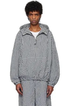 Marni Blouson noir et blanc en tissu gaufré à capuche et à motif guingan