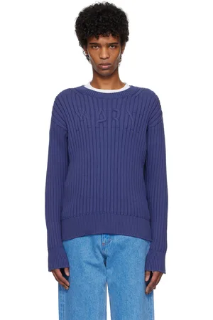 Marni Pull bleu en tricot câblé à logo et à col ras du cou