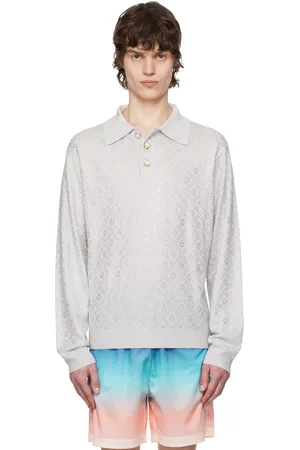 Casablanca Polo à manches longues gris en tricot à monogrammes à ornements en verre taillé