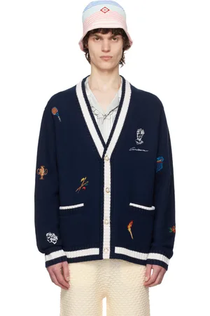 Casablanca Cardigan bleu marine en cachemire à images et logo brodés