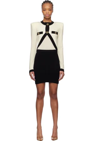 Balmain Robe courte blanc cassé et noir en tricot à assemblage trompe l
