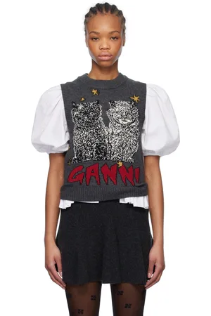 Ganni Gilet gris à image de chatons