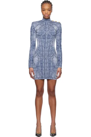 Balmain Robe courte bleue en motif de denim trompe l