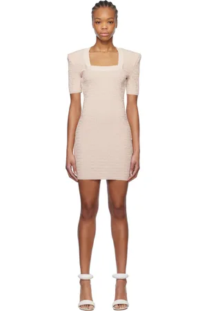 Balmain Robe courte beige à motif à logos et à fils métalliques